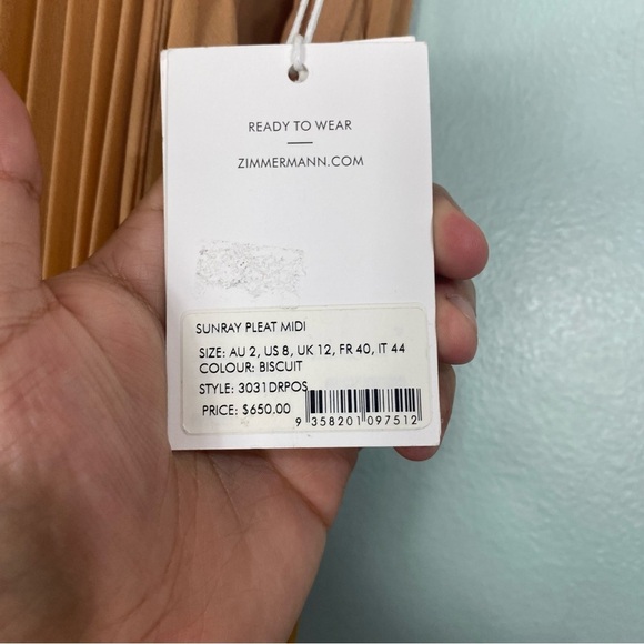 Zimmermann‎ Sunray Pleat Midi Dress Sleeveless Chain Sash Belted Sz 8 - Picture 5 of 9